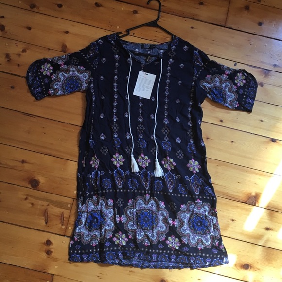 Aranee Navy blue paisley print 3/4 sleeve dress M - Picture 2 of 7